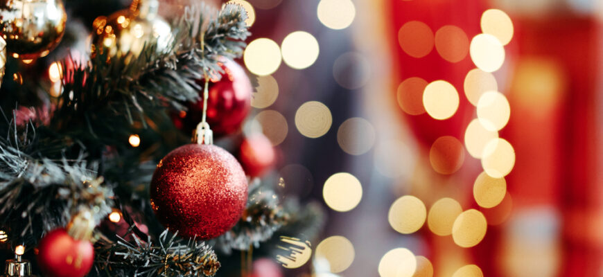 Close,Up,Of,Balls,On,Christmas,Tree.,Bokeh,Garlands,In